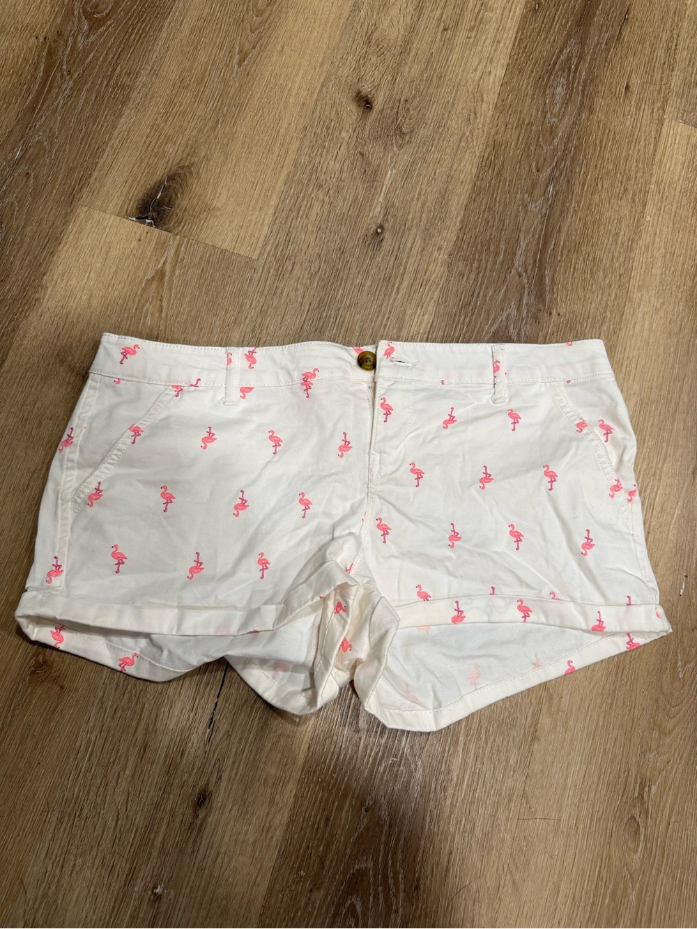 SO White Women's Jean Shorts with Pink Flamingo Print